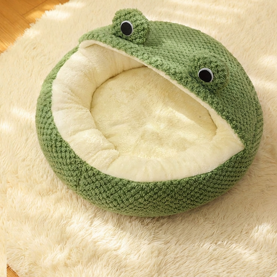 Froschform Haustiernest – Warmes Herbst & Winter Bett für Katzen & Hunde